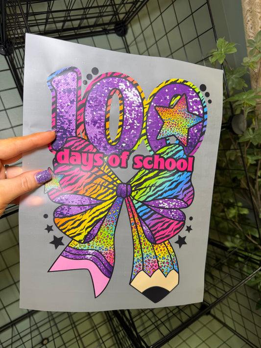 100 Days of School Neon Zebra Bow - DTF Transfer